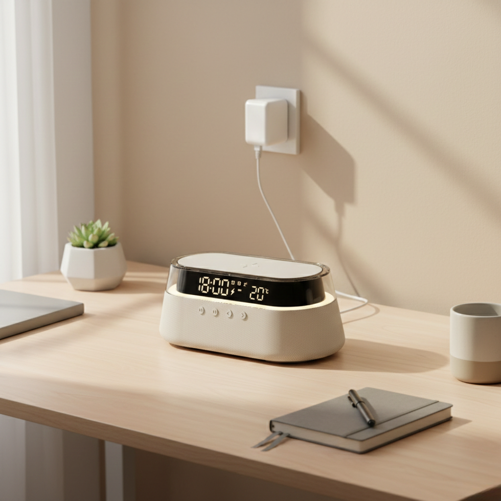 Six-In-One Alarm Clock With Wireless Charging, Bluetooth Speaker, FM Radio, Dual Alarms, USB Charger, And RGB Night Light
