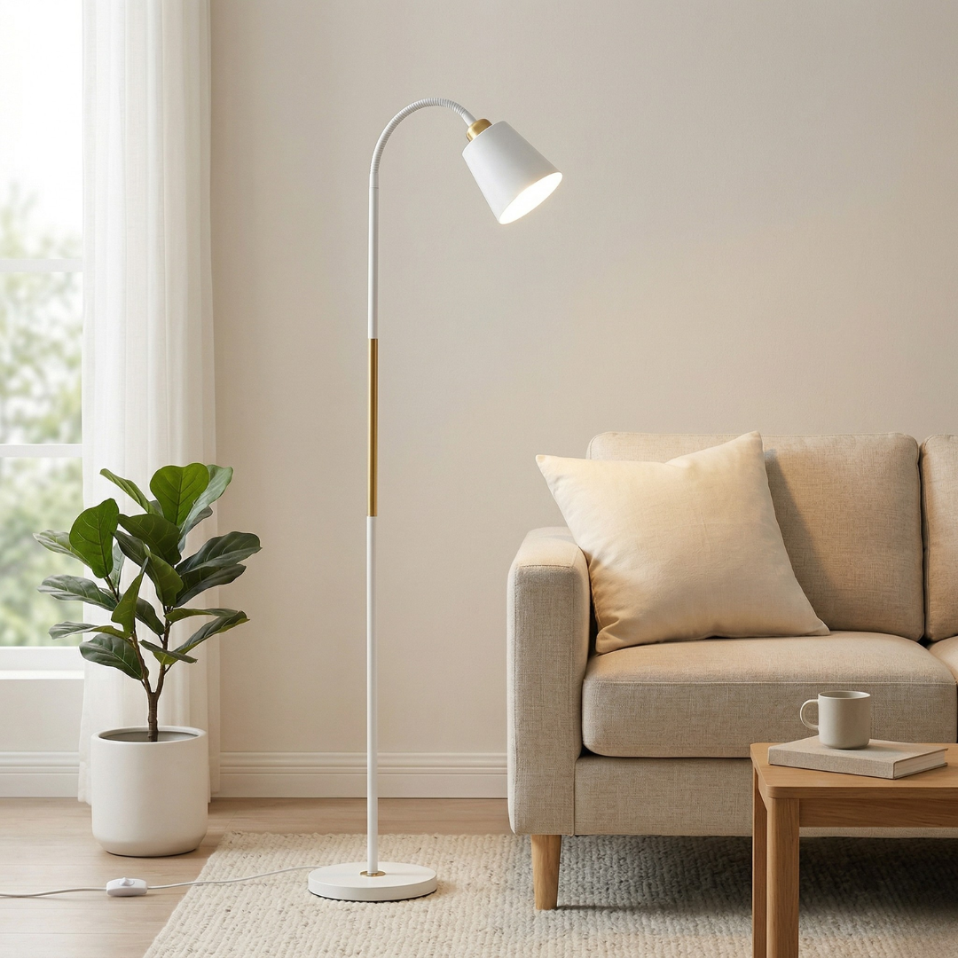 Floor Lamp Featuring Adjustable Head And LED Lighting For Reading And Ambient Living Room Use