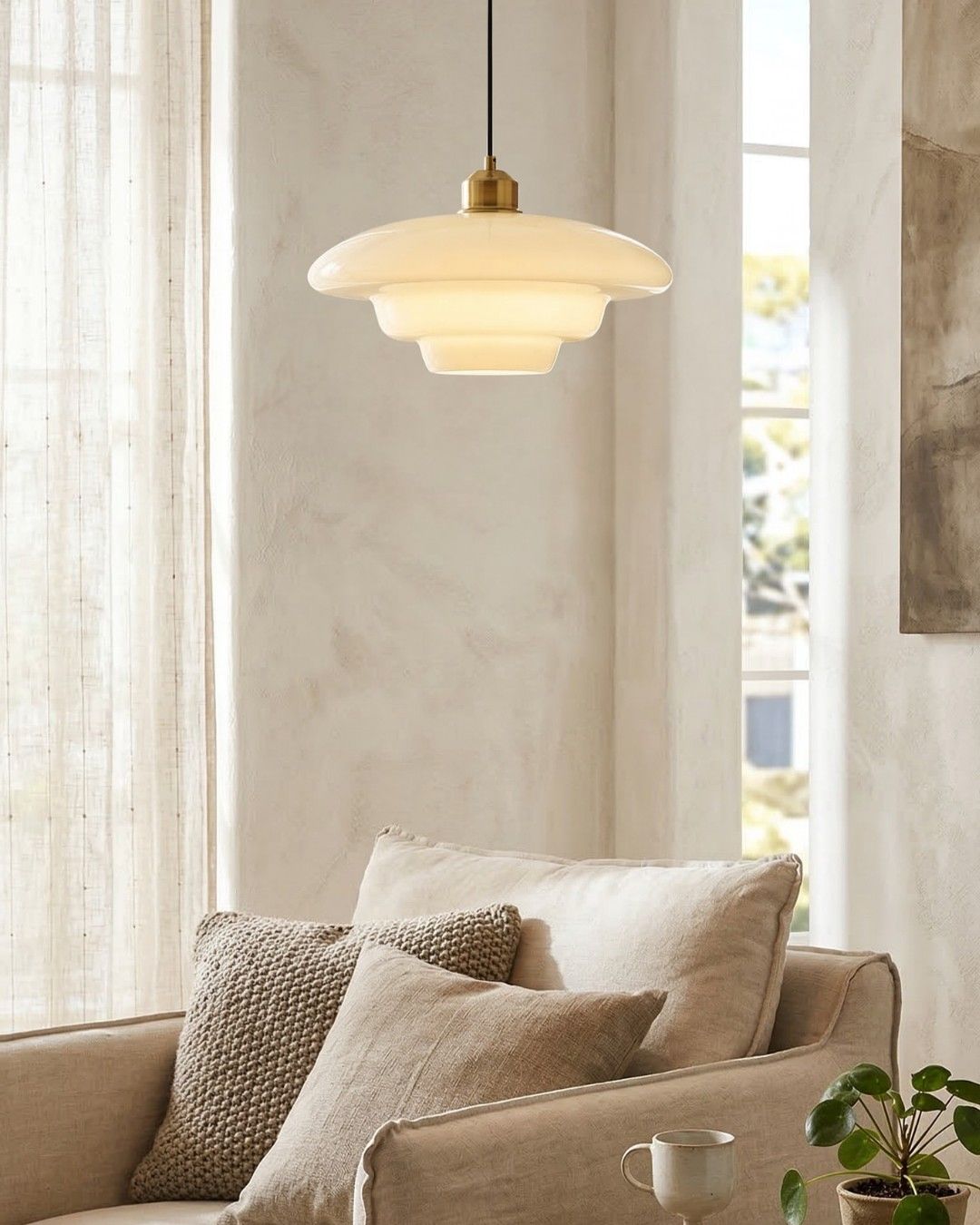 TINA Pendant Light, Mid-Century Milk-White Glass With Brushed Brass, Adjustable E27