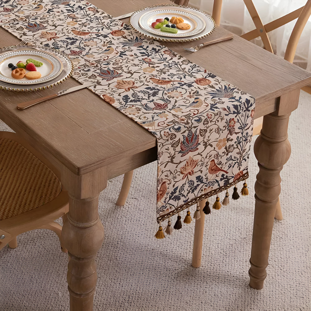 Vintage Jacquard Runner With Bird And Flower Motif, Rustic Tassel Edges