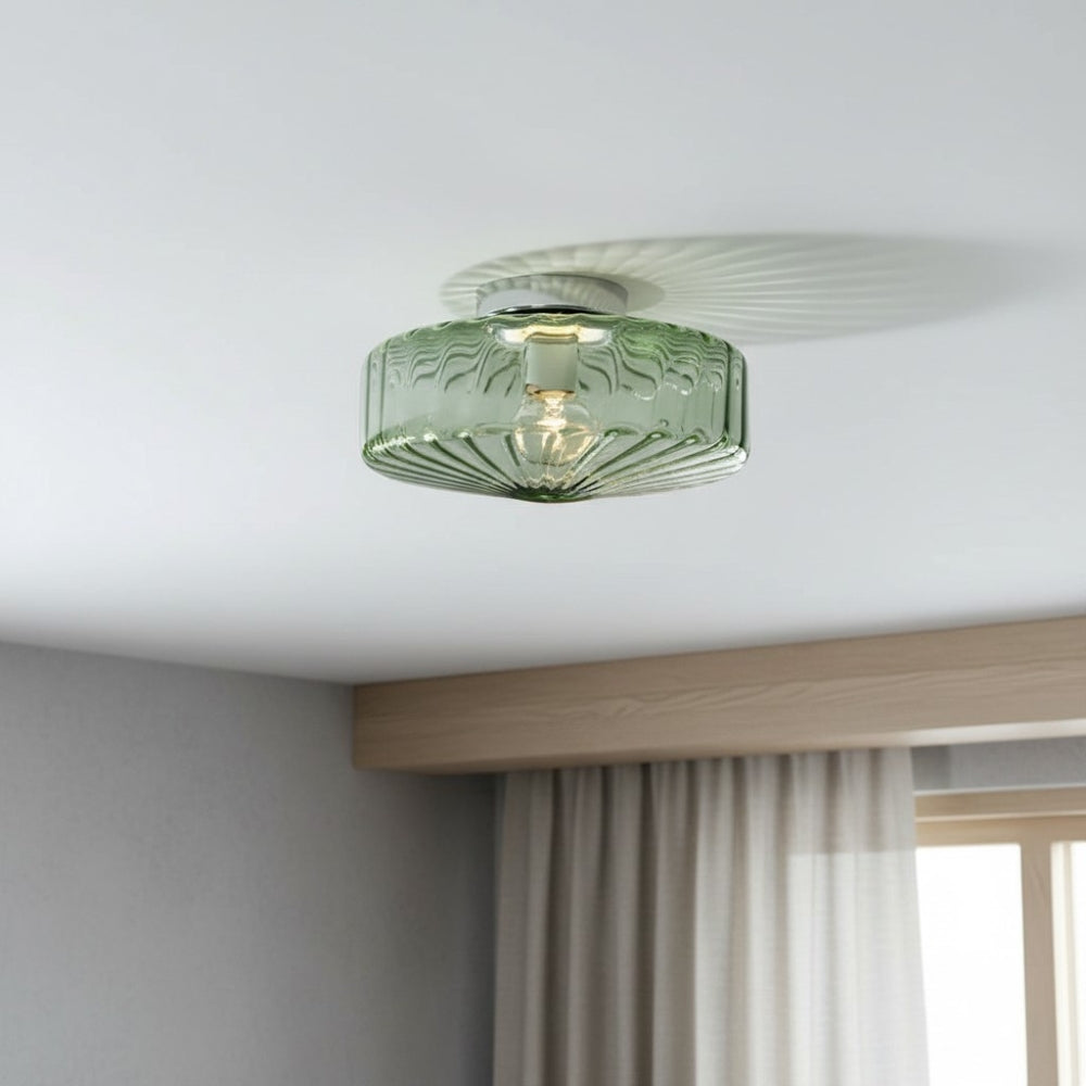 Vintage Ribbed Green Glass Ceiling Light For Dining Room Entrance And Hallway
