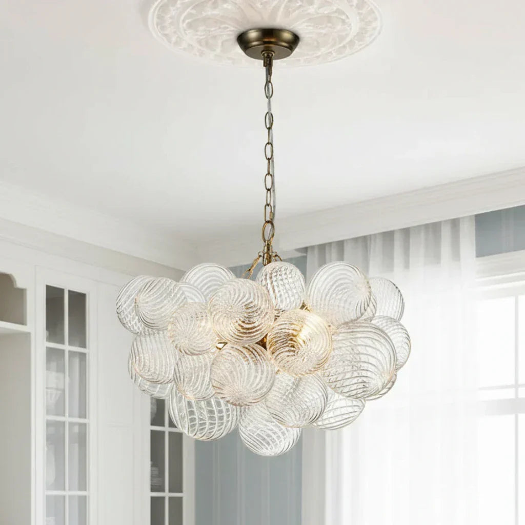 Clear Glass Bubble Chandelier With Ribbed Glass Detailing For Elegant Modern Interior Lighting