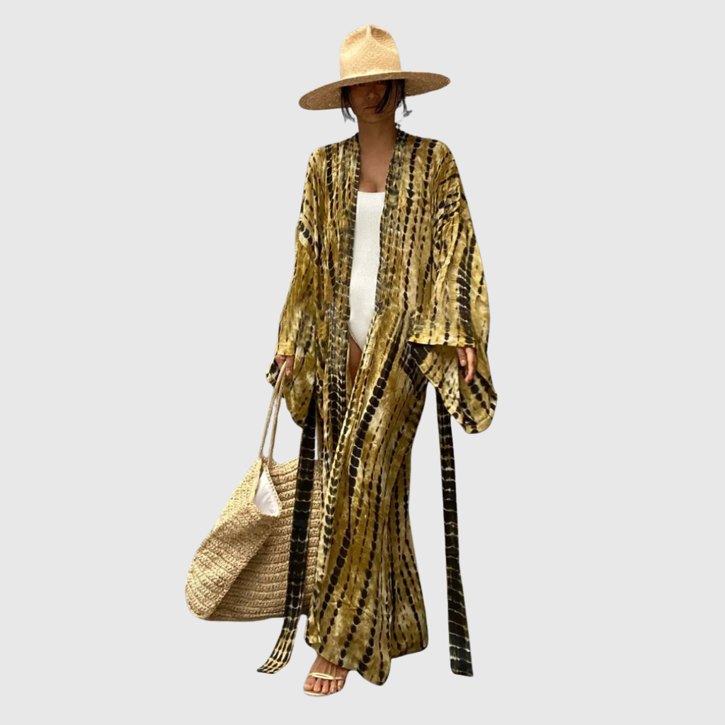 Kimono playero tie-dye OCEANVEIL — Prenda ligera y vaporosa de verano con cinturón del mismo tejido
