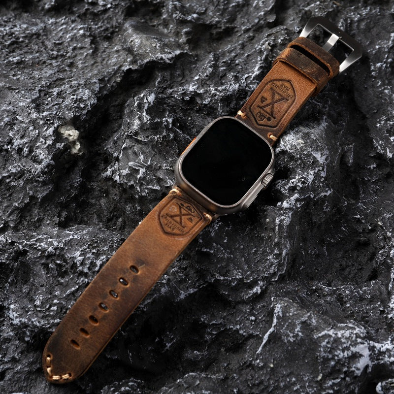 Vintage Leather Apple Watch Band With Hand-Stitched Seams Full-Grain Finish 40-49mm