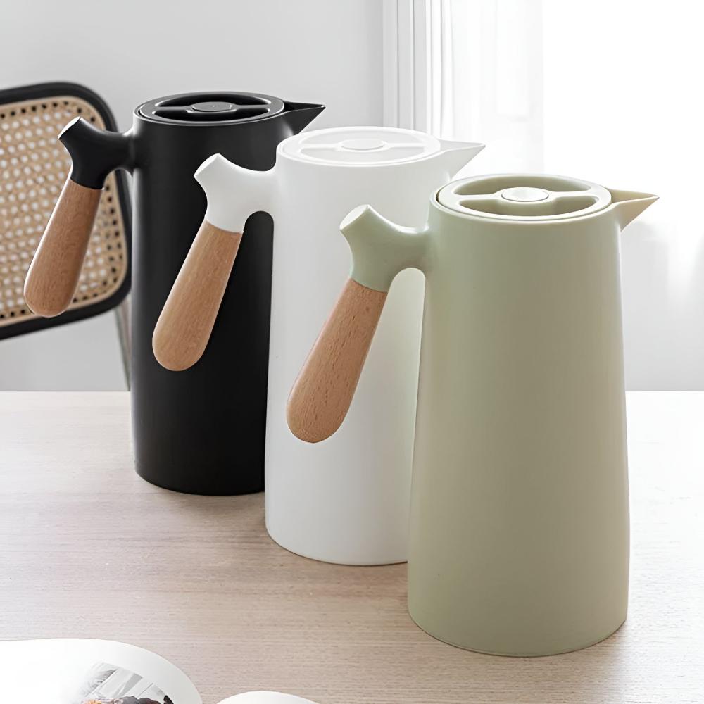 Thermos 1L Stainless Steel Carafe With Beige Wooden Handle Insulated Leakproof