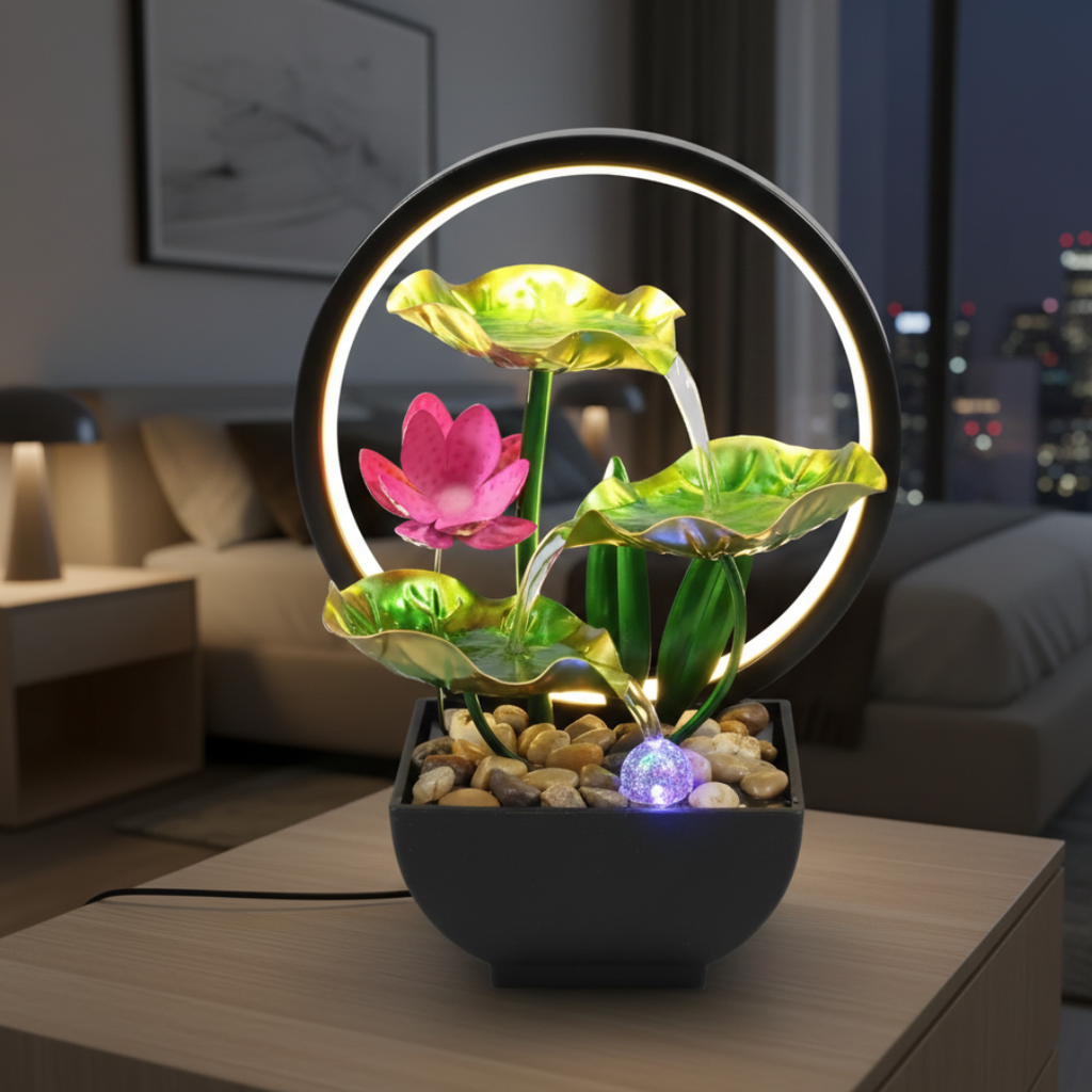 LED Tischbrunnen USB-betrieben mit sanftem Wasserfluss und warmem Licht zur Entspannung