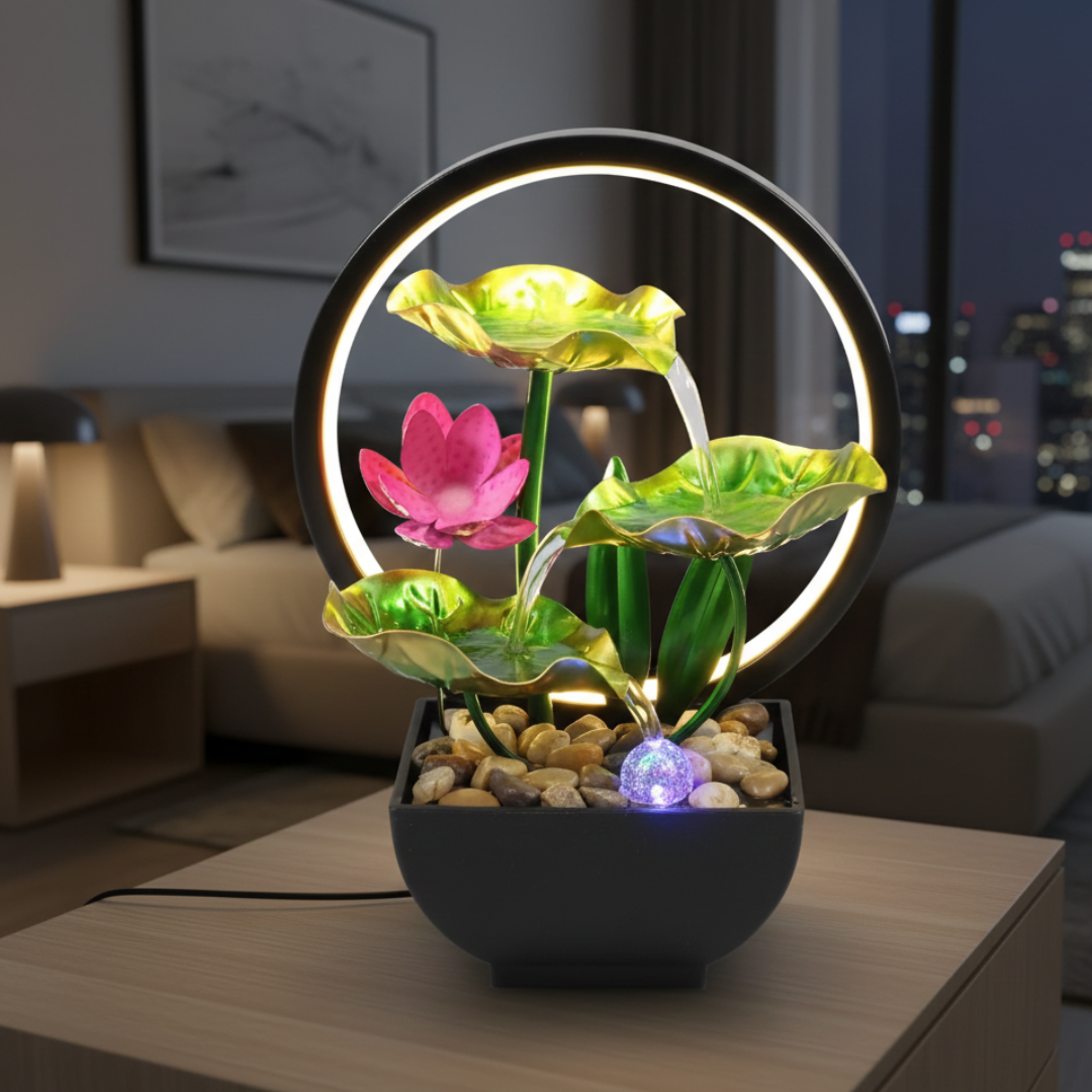 LED Tischbrunnen USB-betrieben mit sanftem Wasserfluss und warmem Licht zur Entspannung