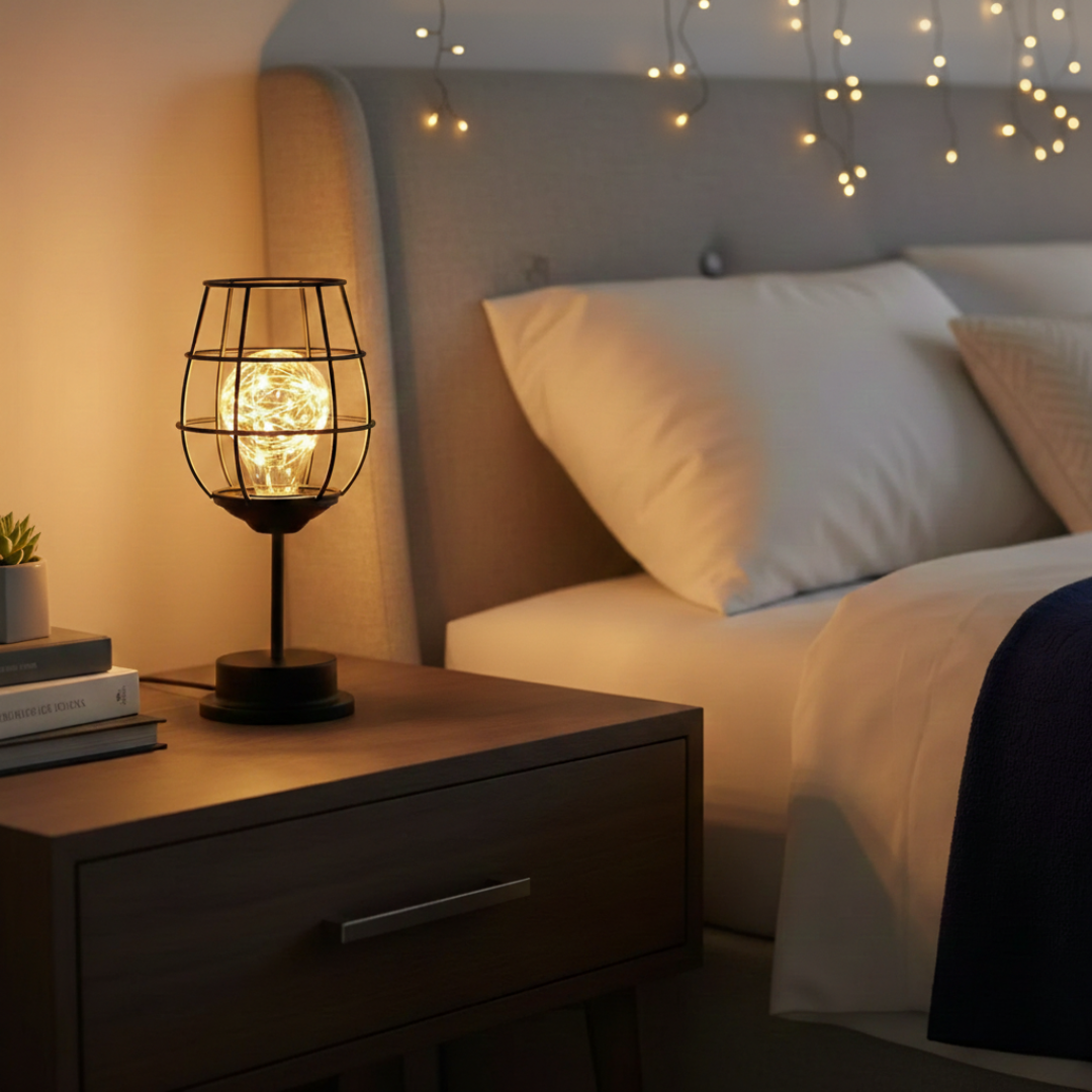 Industrielle Käfig-LED-Tischlampe für gemütliche Innenbeleuchtung in Wohnzimmern und Schlafzimmern