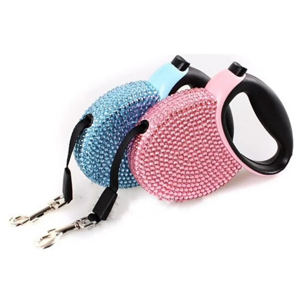 GlimmerPaw Luxury Retractable Leash — Rhinestone Trim, Smooth Retracting Handle