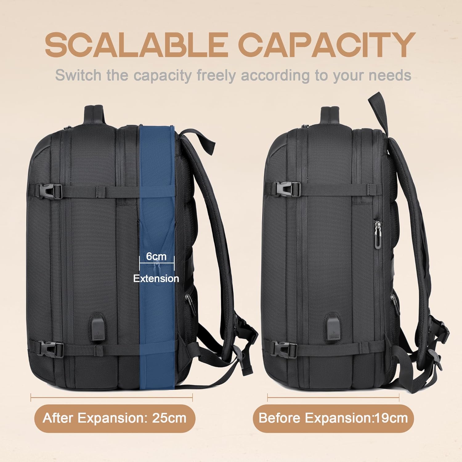 Zaino da viaggio impermeabile espandibile da 40 L con porta USB e scomparto per laptop da 17” (43.18 cm) – AirVoyage | Ka-mostore