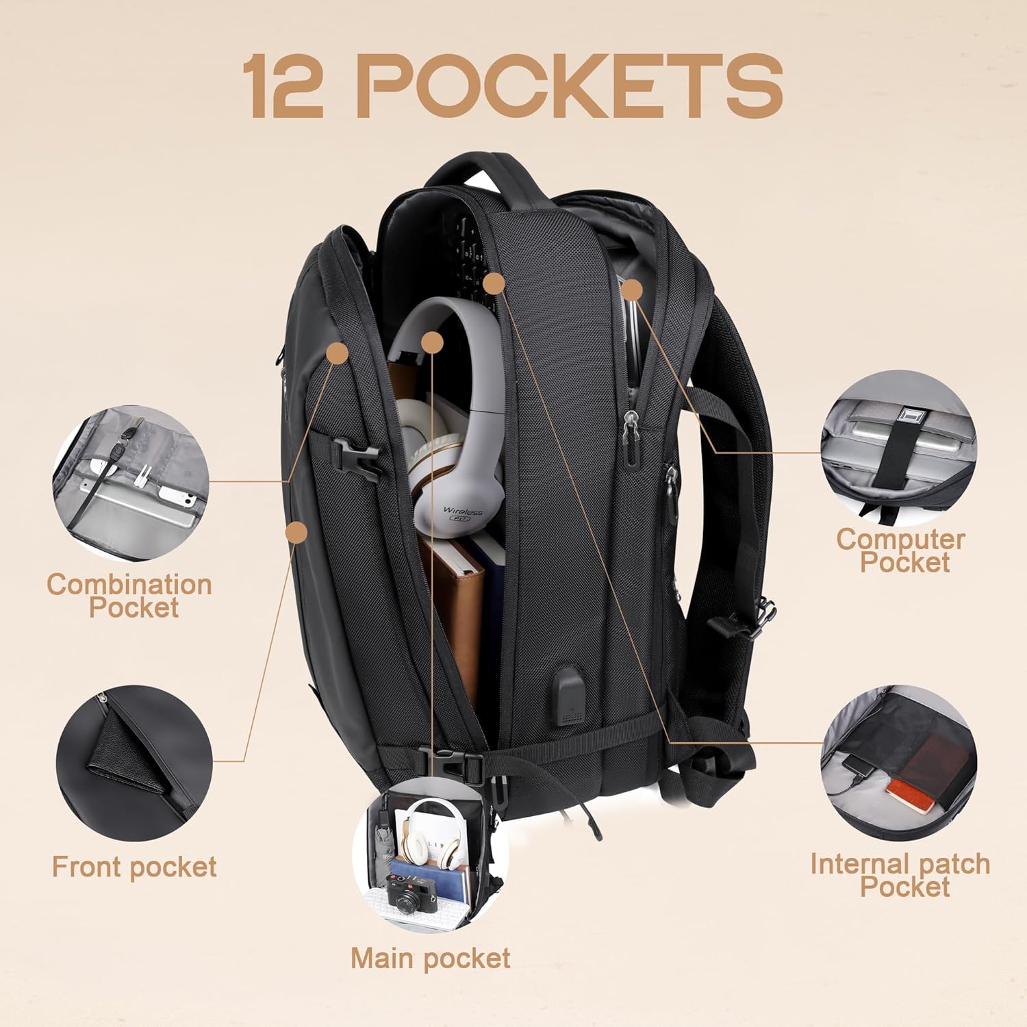 Zaino da viaggio impermeabile espandibile da 40 L con porta USB e scomparto per laptop da 17” (43.18 cm) – AirVoyage | Ka-mostore