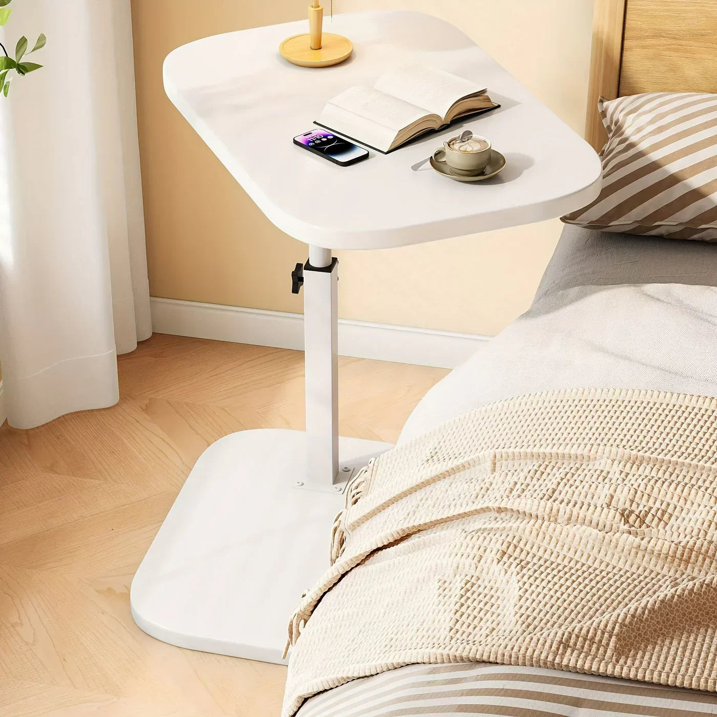 Multifunctional Height Adjustable Side Table With Wooden Top For Sofa Or Bed