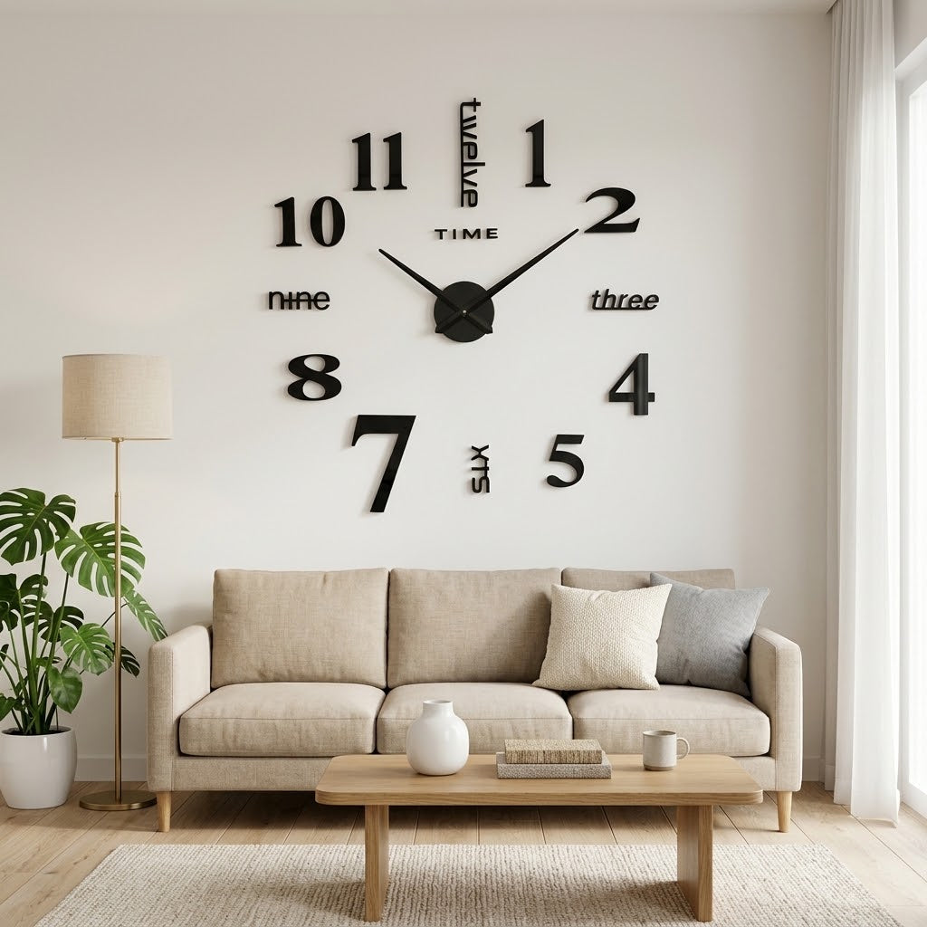 DIY Wanduhr 3D mit selbstklebenden Ziffern, Schwarz, Ø 40–120 cm -    Zorenza