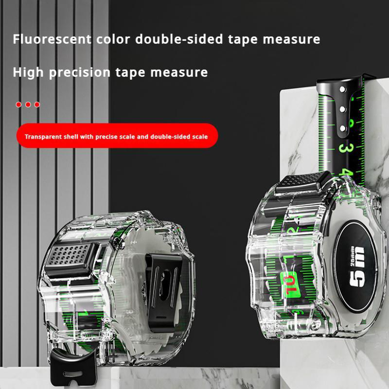 Mètre ruban lumineux vert néon — Repères laser recto verso, crochet zéro autobloquant