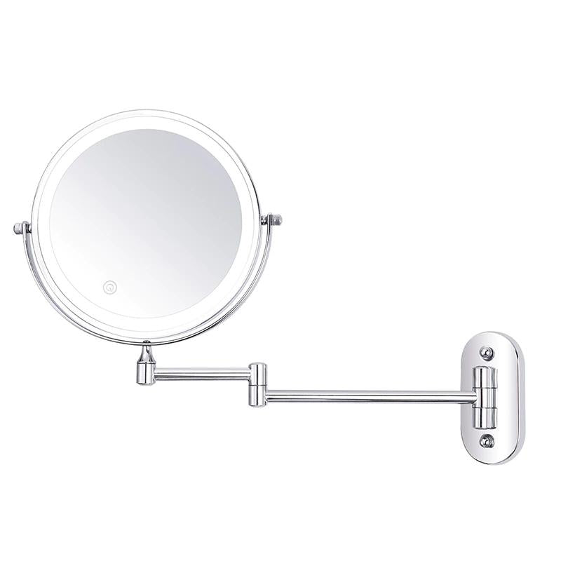 Rechargeable Chrome Wall-Mount Mirror With LED Lighting And Adjustable Magnification