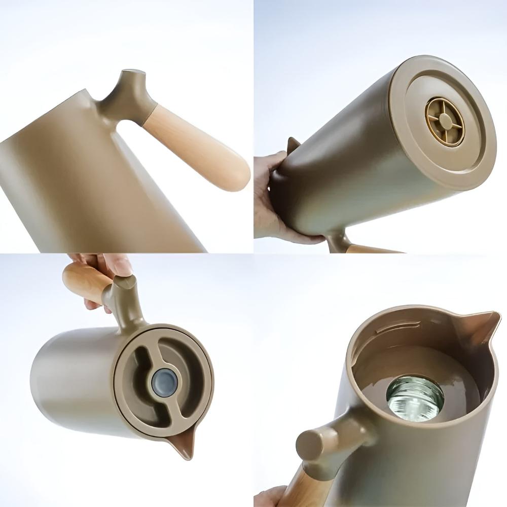 Thermos 1L Stainless Steel Carafe With Beige Wooden Handle Insulated Leakproof