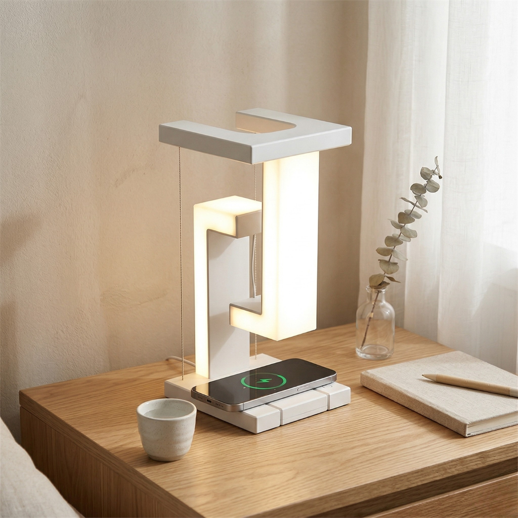 Levitating Desk Light Featuring Wireless Charging Pad For Modern Home Office Use Dimmable Brightness