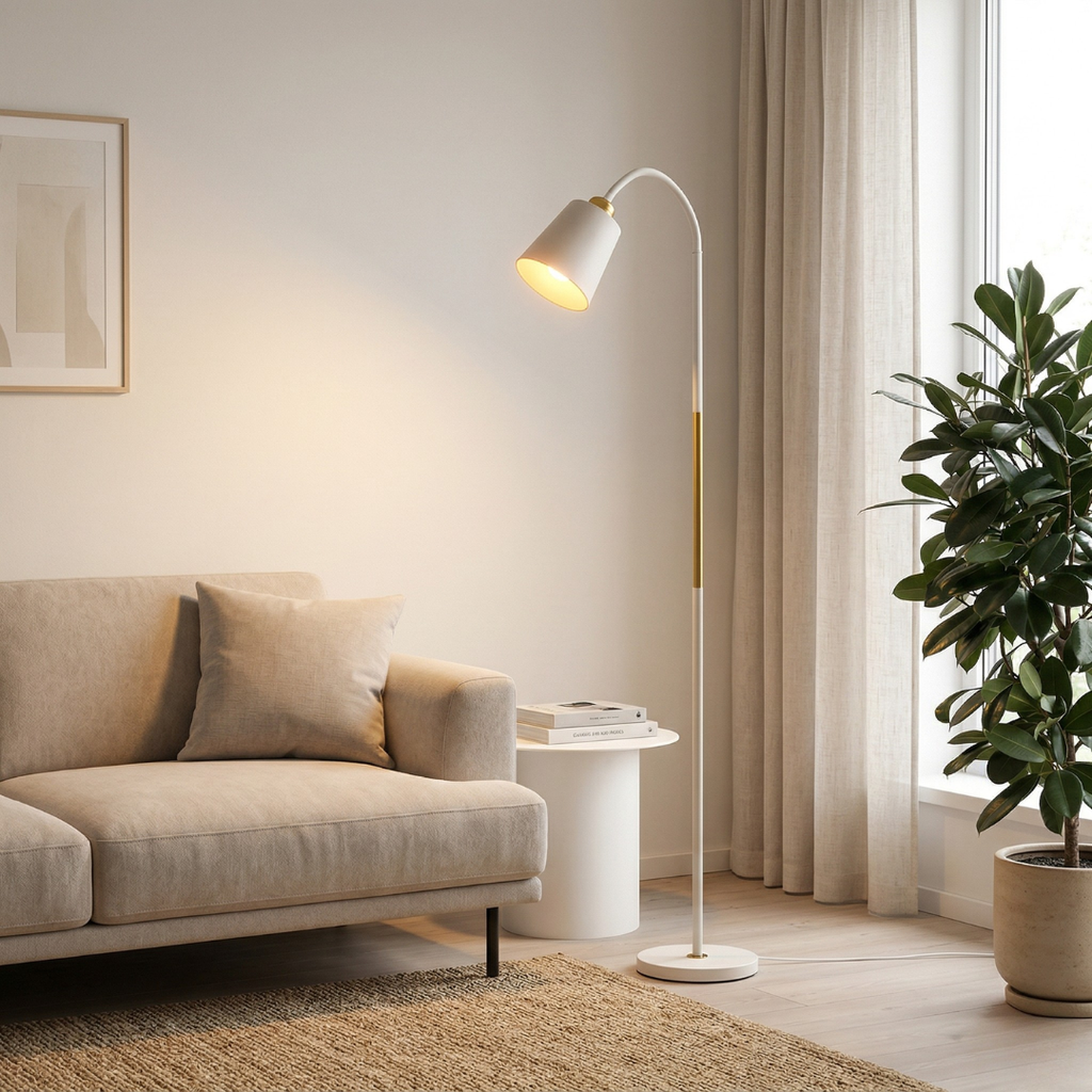 Floor Lamp Featuring Adjustable Head And LED Lighting For Reading And Ambient Living Room Use