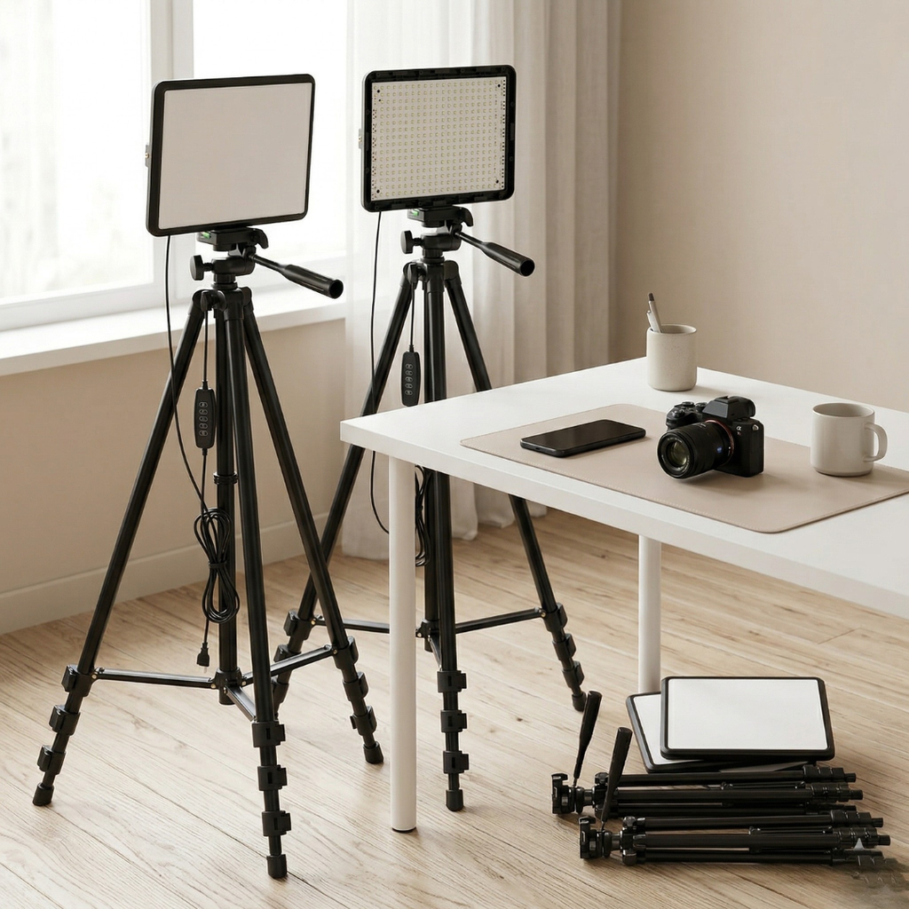 LED Video Lighting Kit With Adjustable Brightness And Color Temperature From 2800K To 6500K, Two Stands Up To 57 Inches