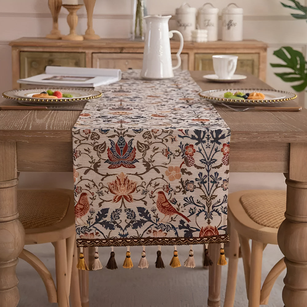 Vintage Jacquard Runner With Bird And Flower Motif, Rustic Tassel Edges