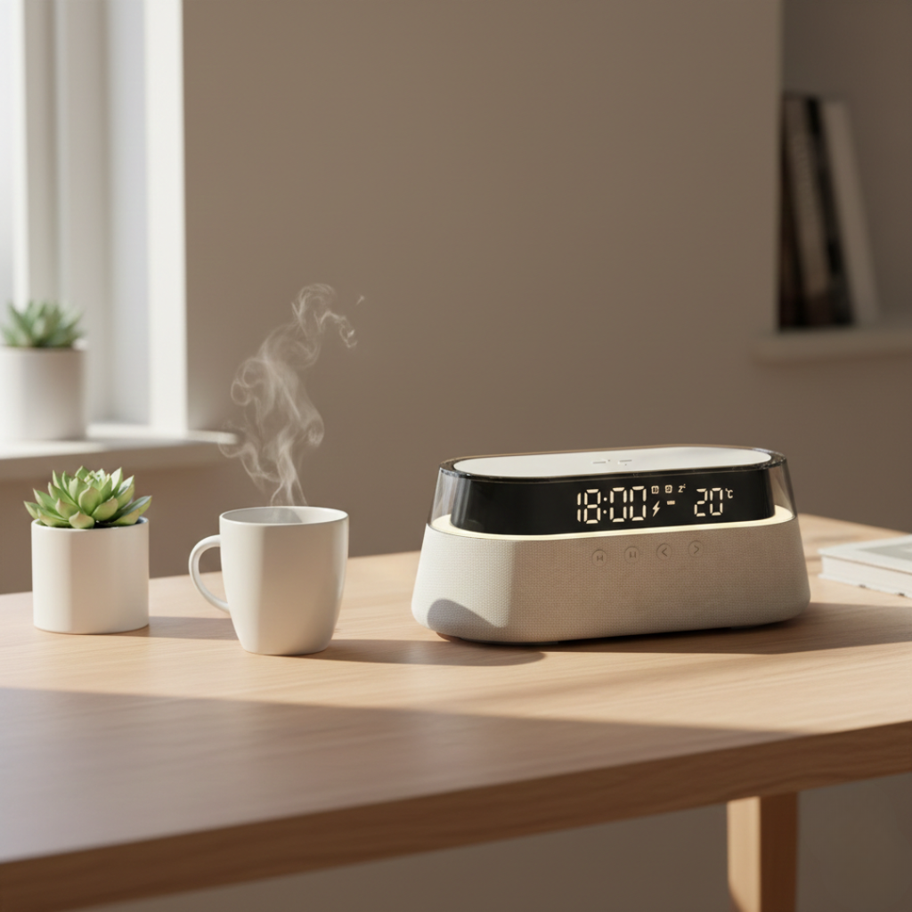 Six-In-One Alarm Clock With Wireless Charging, Bluetooth Speaker, FM Radio, Dual Alarms, USB Charger, And RGB Night Light