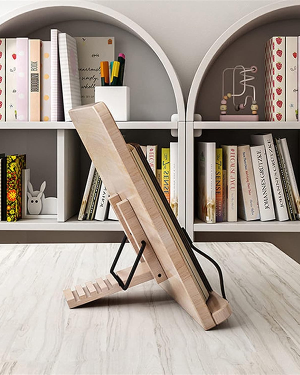 Natural Wood Adjustable Book And Tablet Stand With Metal Page Holders