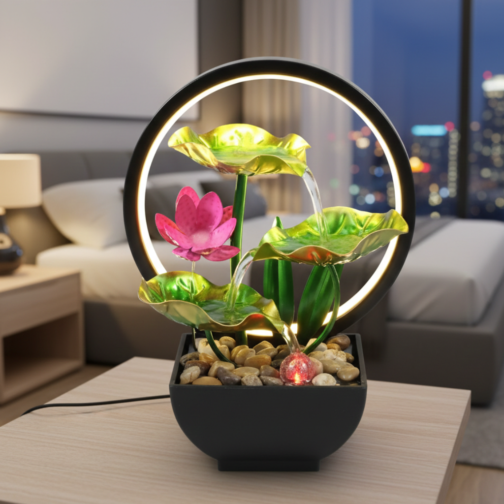 LED Tischbrunnen USB-betrieben mit sanftem Wasserfluss und warmem Licht zur Entspannung