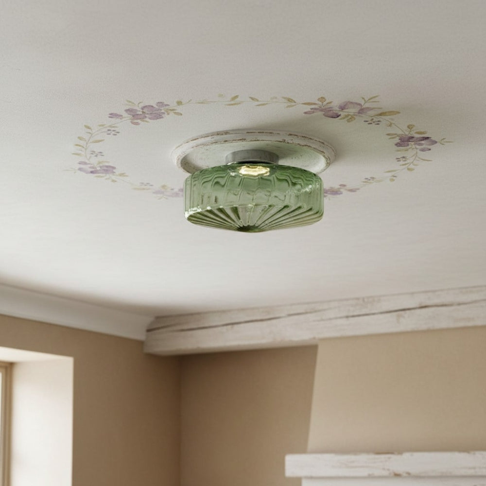 Vintage Ribbed Green Glass Ceiling Light For Dining Room Entrance And Hallway