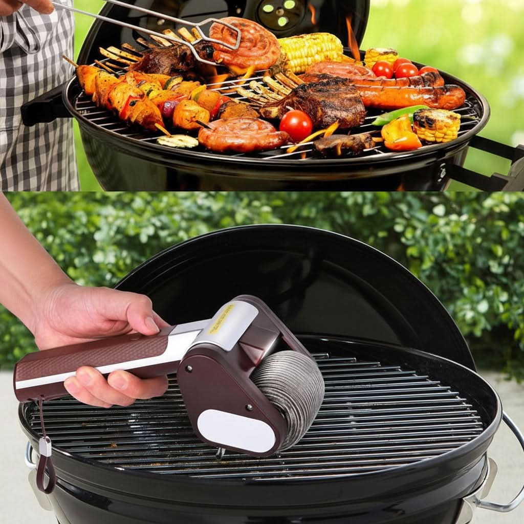 GRATECHARGE Elektrische BBQ-Reinigungsbürste — Edelstahlwalze gegen Fett, Rückstände und angebrannte Speisereste