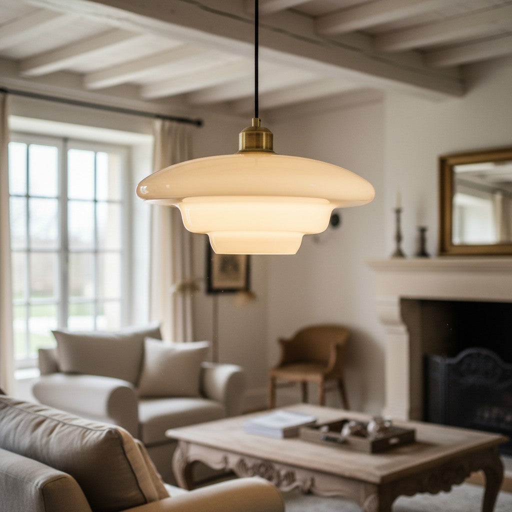 Antique Style Glass Pendant Ceiling Light With Brass Finish Suspension For Interiors