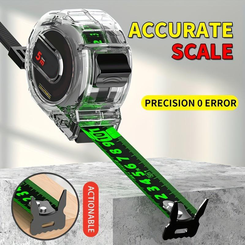 Mètre ruban lumineux vert néon — Repères laser recto verso, crochet zéro autobloquant