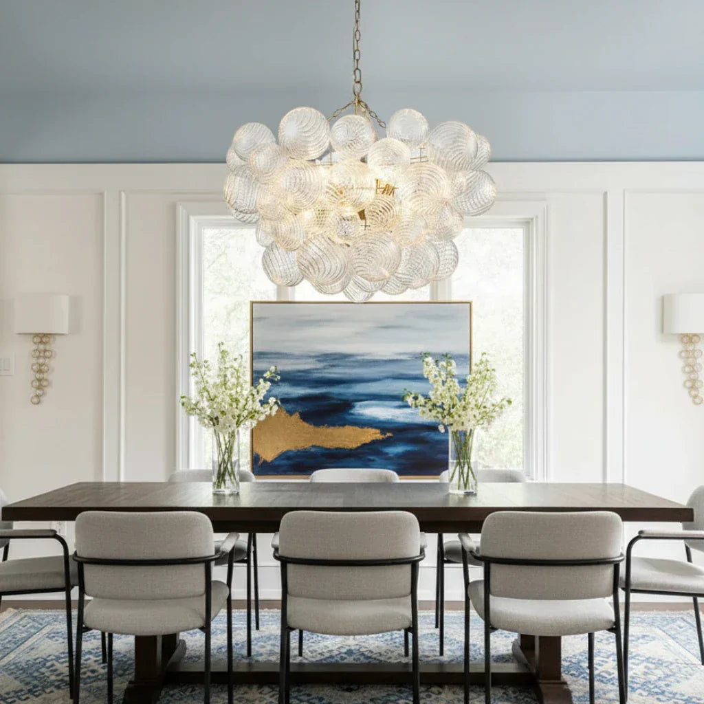 Clear Glass Bubble Chandelier With Ribbed Glass Detailing For Elegant Modern Interior Lighting