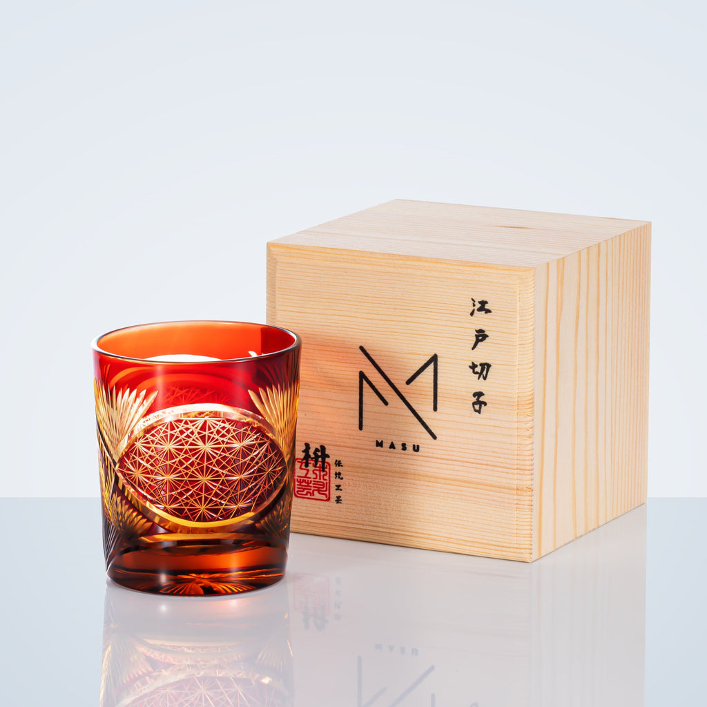 Whiskey Glass With Edo Kiriko Crane Feather Pattern In Amber Handmade Japanese Crystal
