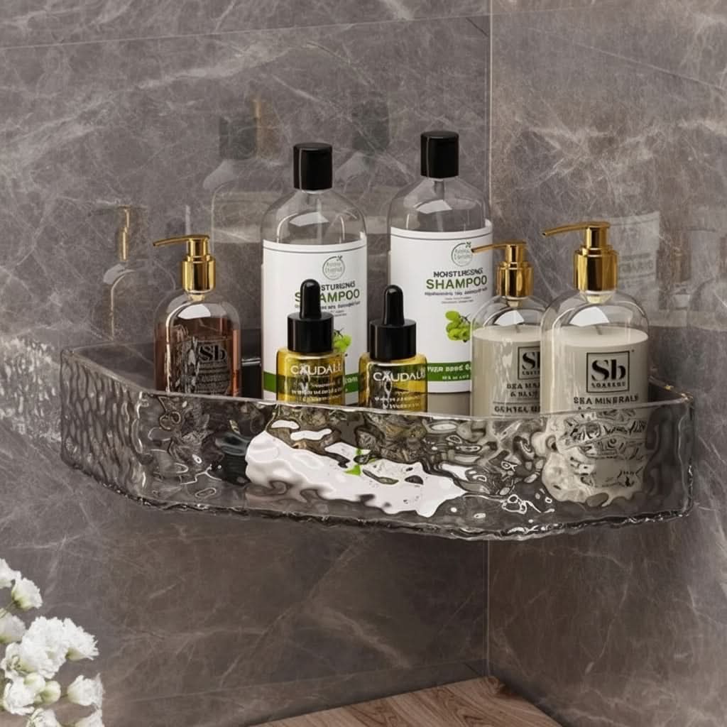 GLACIERA Wandmontierter Eck-Badezimmerregal-Organizer — Strukturierte Optik inspiriert von Gletschern