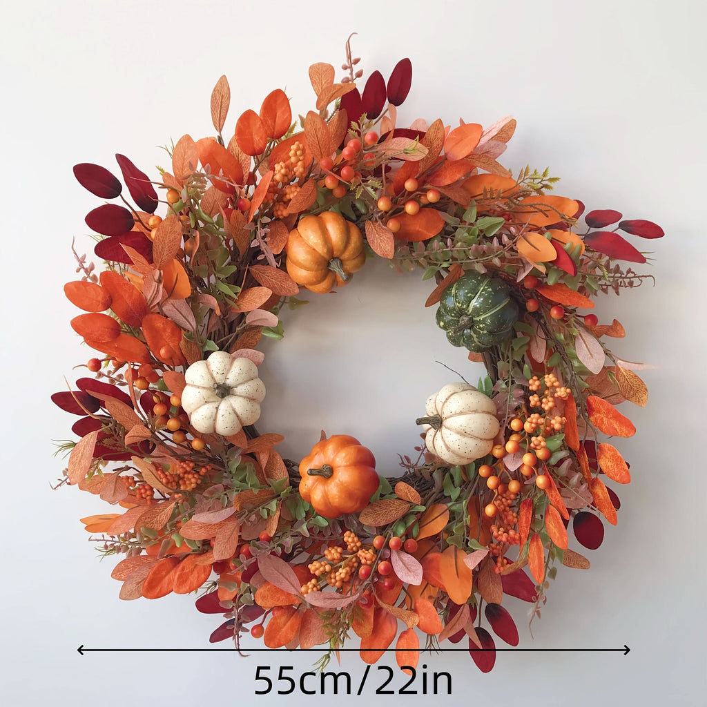 HARVESTGRACE herfstkrans met pompoenen — handgemaakte seizoensgebonden deurdecoratie voor herfstpresentaties