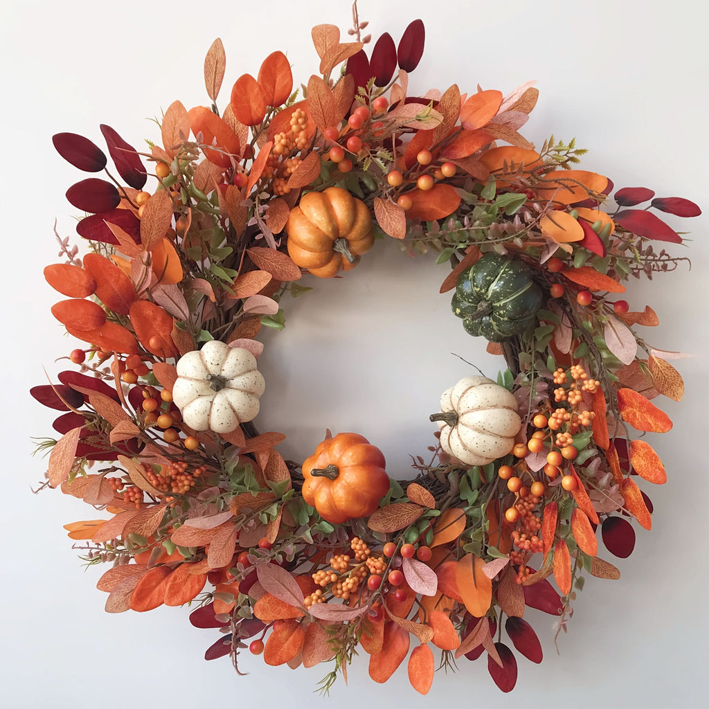HARVESTGRACE herfstkrans met pompoenen — handgemaakte seizoensgebonden deurdecoratie voor herfstpresentaties