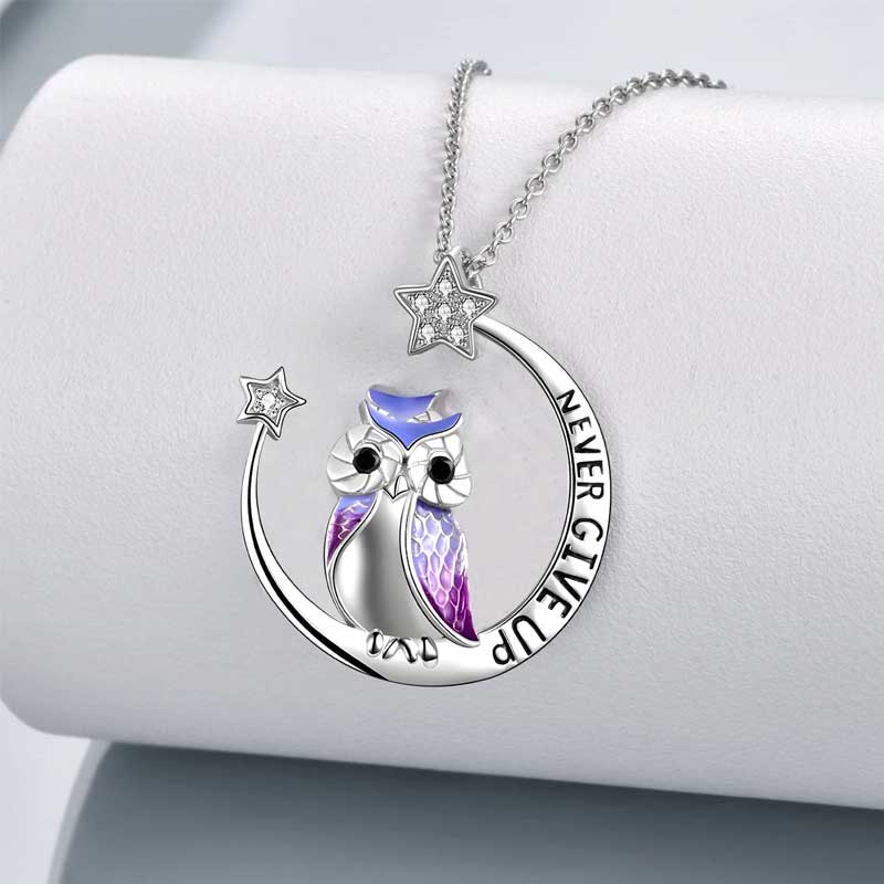 Never Give Up Owl Necklace — Moon and Stars Pendant