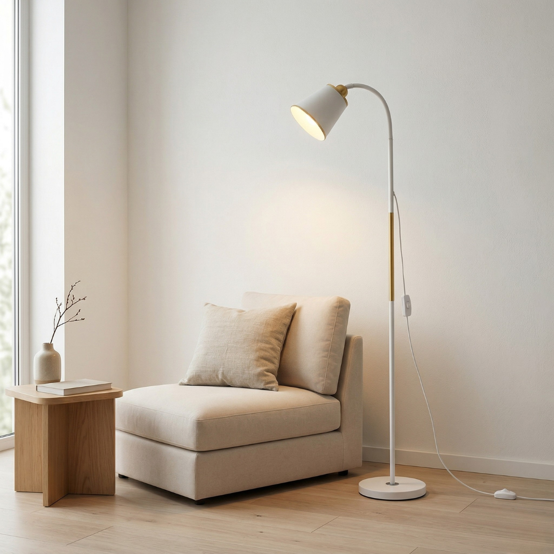 Floor Lamp Featuring Adjustable Head And LED Lighting For Reading And Ambient Living Room Use