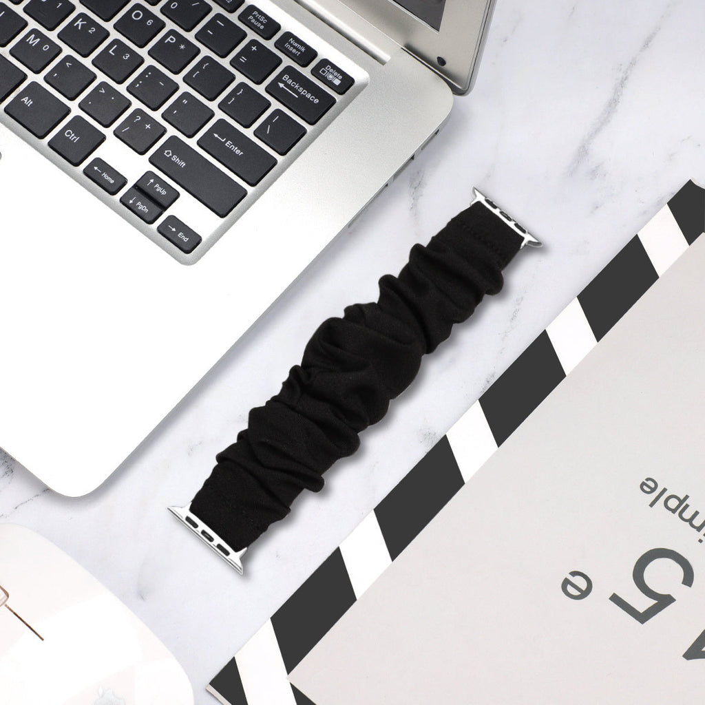 سوار Scrunchie لساعة Apple Watch — حزام أسود مطاطي قابل للتمدد بلا إبزيم