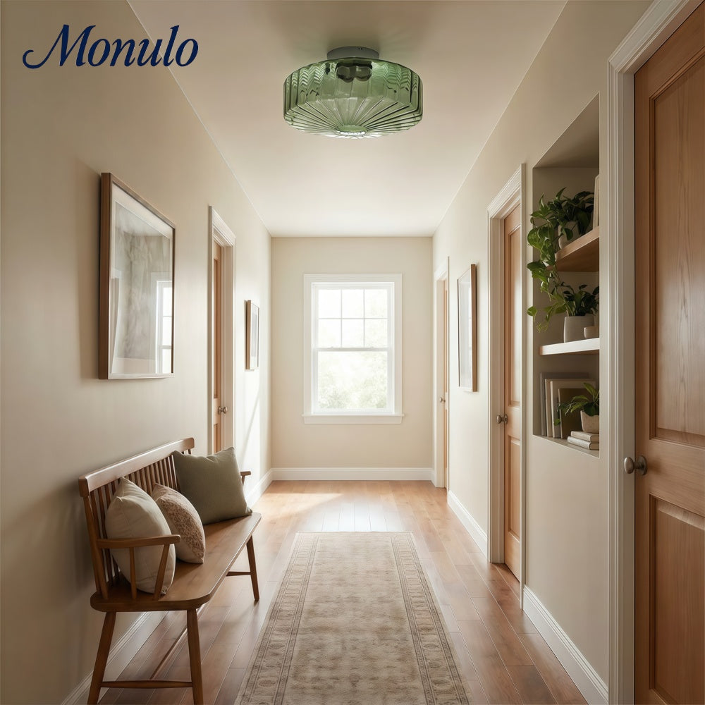 Vintage Ribbed Green Glass Ceiling Light For Dining Room Entrance And Hallway