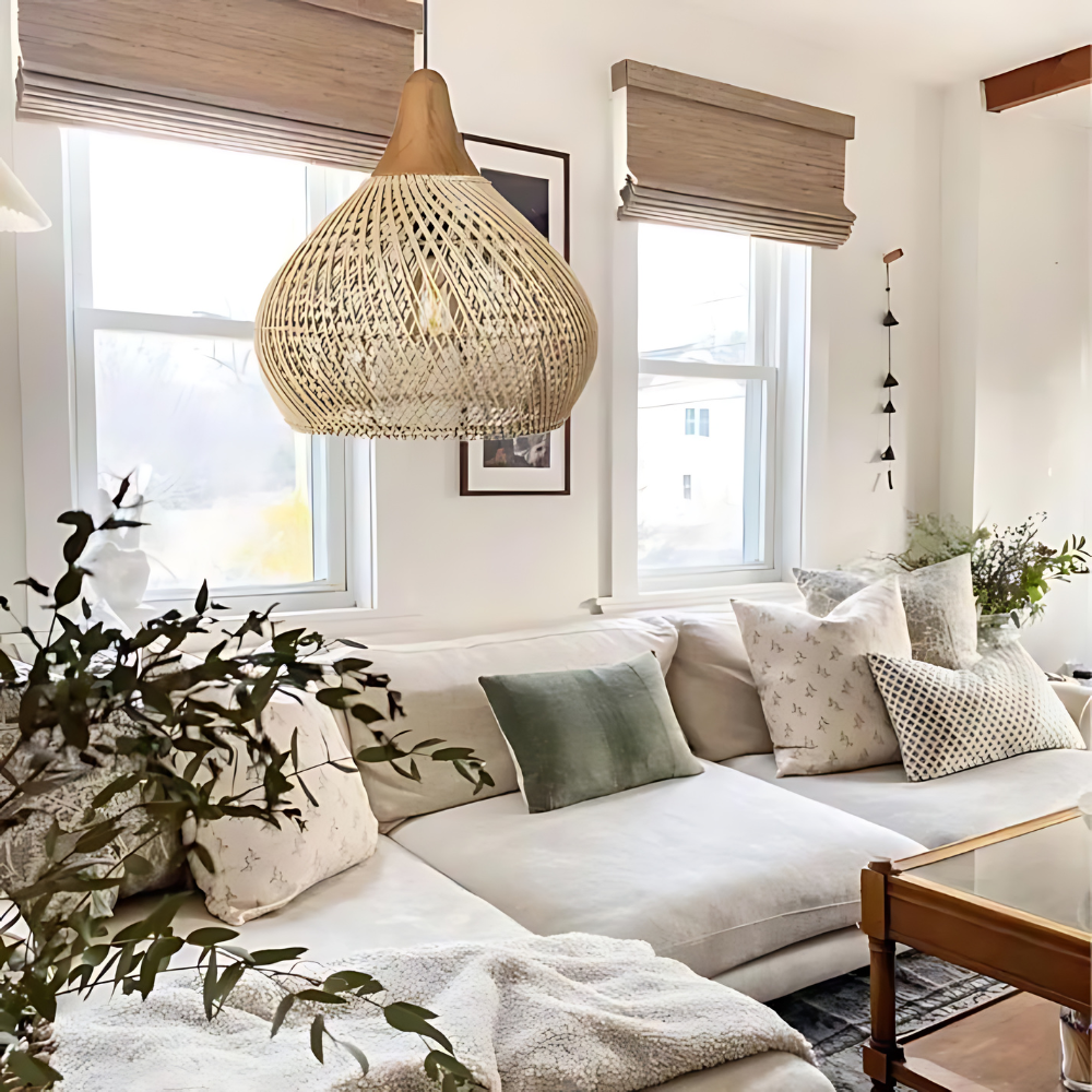 Kevara handgewebte Rattan-Pendelleuchte für Boho-Dekor, Deckenlampe und natürlicher Schirm