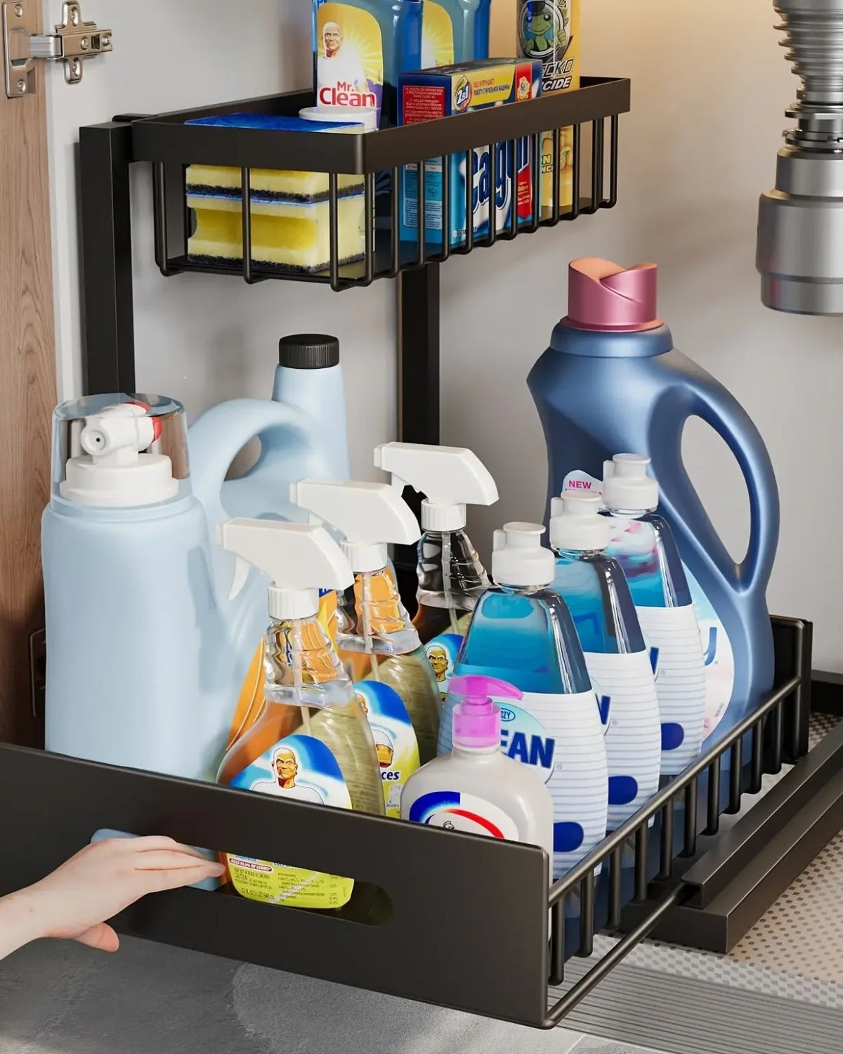 Under-Sink Extendable Cabinet Organizer With Two Levels Black And White