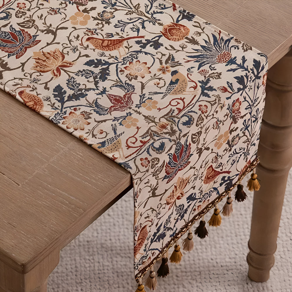 Vintage Jacquard Runner With Bird And Flower Motif, Rustic Tassel Edges