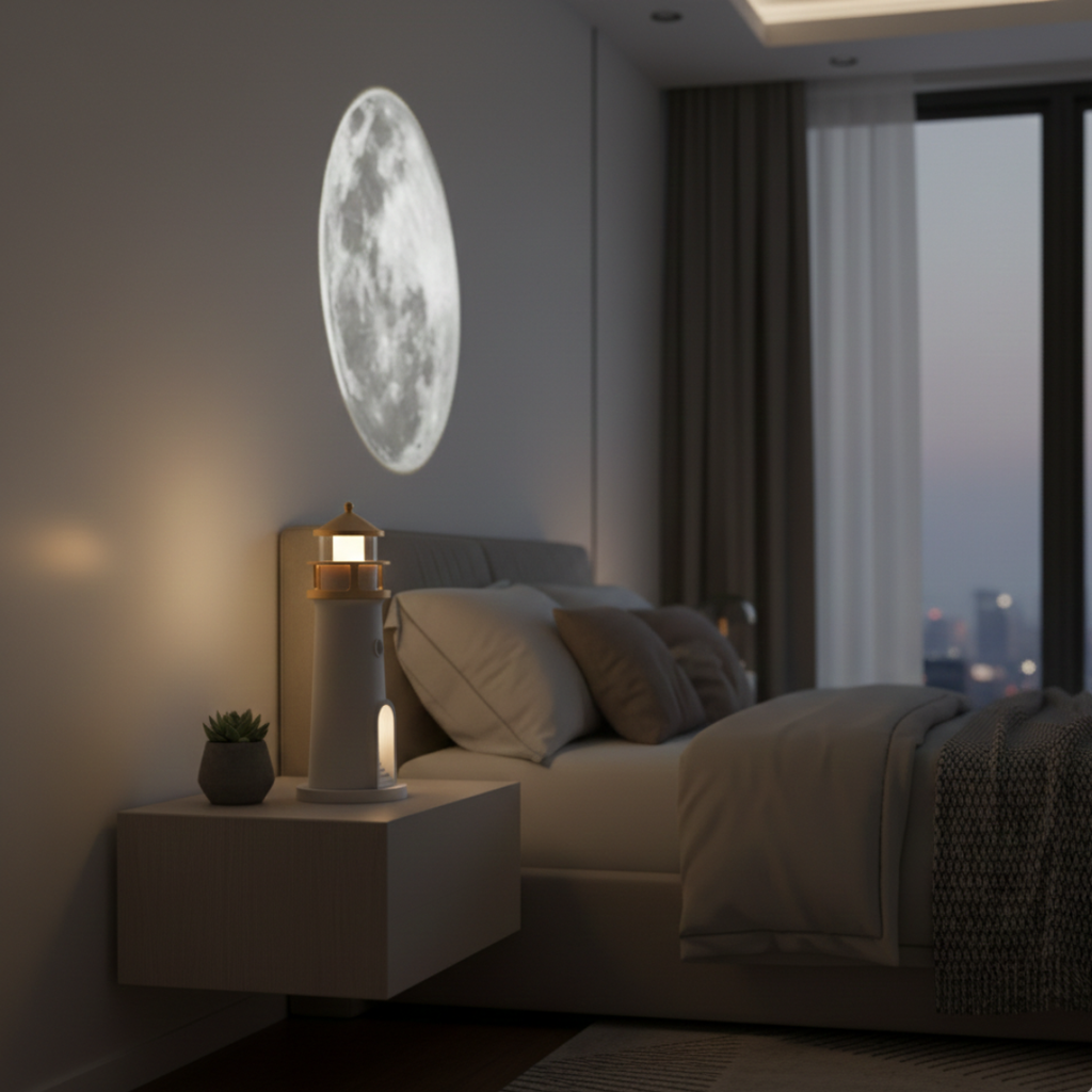 Lighthouse Night Light Projection With Bluetooth Speaker For Ambient Home Ambience And Relaxing Glow