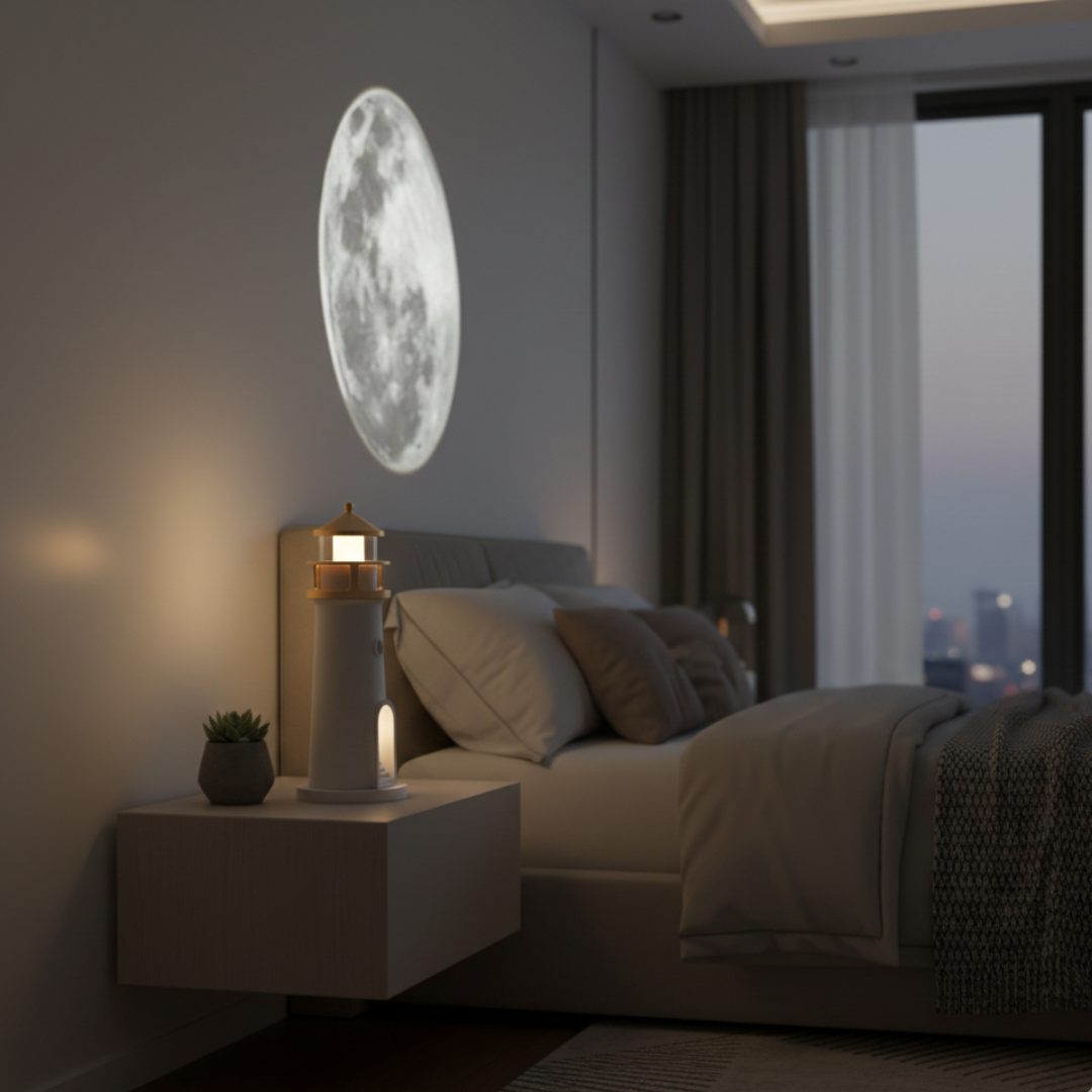 Lighthouse Night Light Projection With Bluetooth Speaker For Ambient Home Ambience And Relaxing Glow