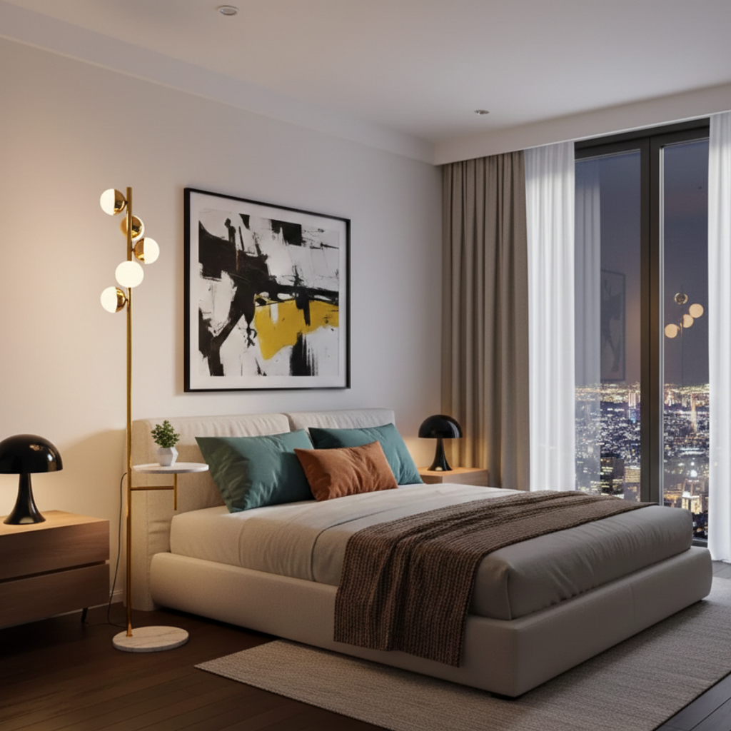 Elegant Floor Lamp With A Built In Table For Living Rooms In Nordic Modern Style