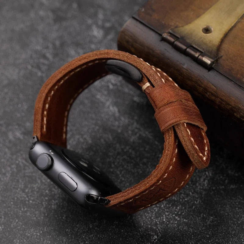 Vintage Leather Apple Watch Band With Hand-Stitched Seams Full-Grain Finish 40-49mm