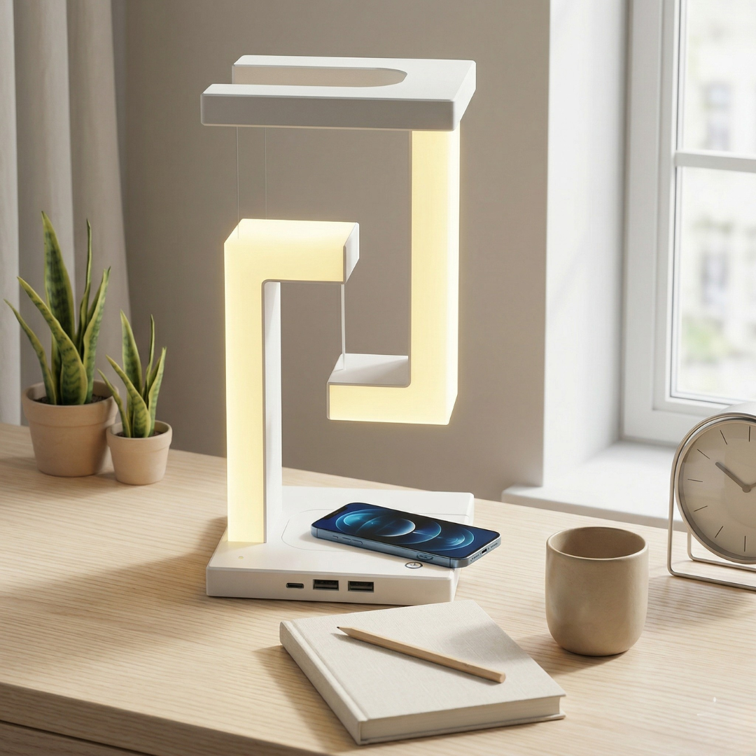 Levitating Desk Light Featuring Wireless Charging Pad For Modern Home Office Use Dimmable Brightness