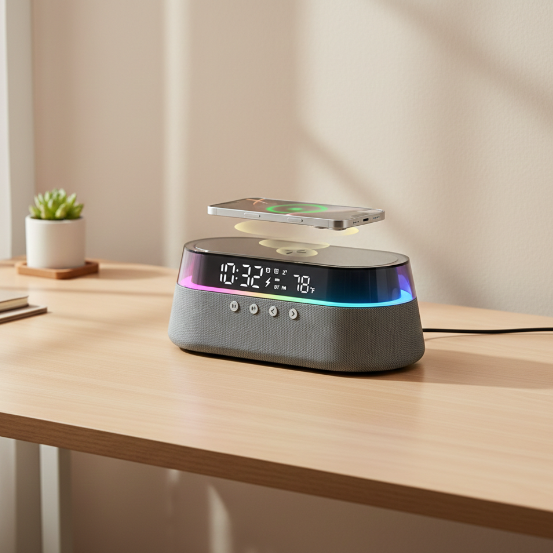Six-In-One Alarm Clock With Wireless Charging, Bluetooth Speaker, FM Radio, Dual Alarms, USB Charger, And RGB Night Light