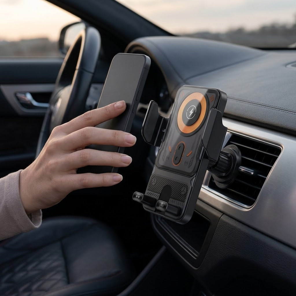 Suport-încărcător wireless de 15W pentru telefon, auto — clemă motorizată automată, utilizare cu o singură mână
